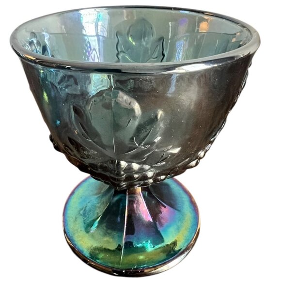 Vintage Harvest Blue Iridescent Carnival Glass Open Sugar Bowl & Creamer Grapes - Picture 9 of 11